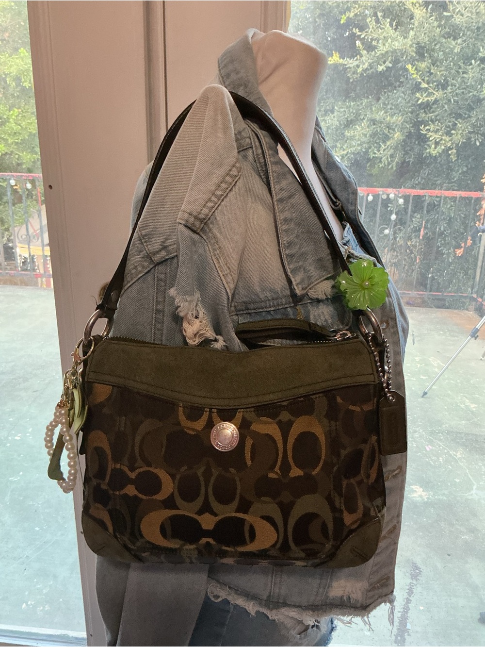 Coach Brown Signature 'C' Canvas Shoulder Bag with Olive Trim